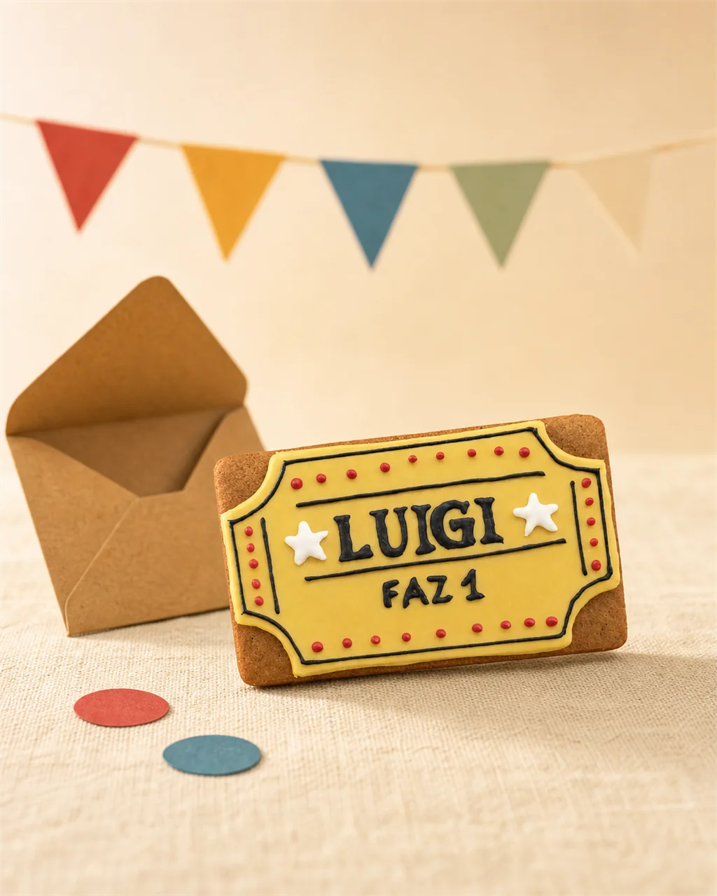 Bolacha decorada em formato de ingresso, personalizada com nome e idade, ao lado de um envelope kraft