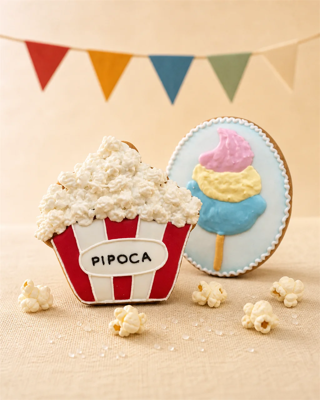 Bolachas decoradas de pipoca e algodão-doce com pipocas de verdade espalhadas na mesa de festa