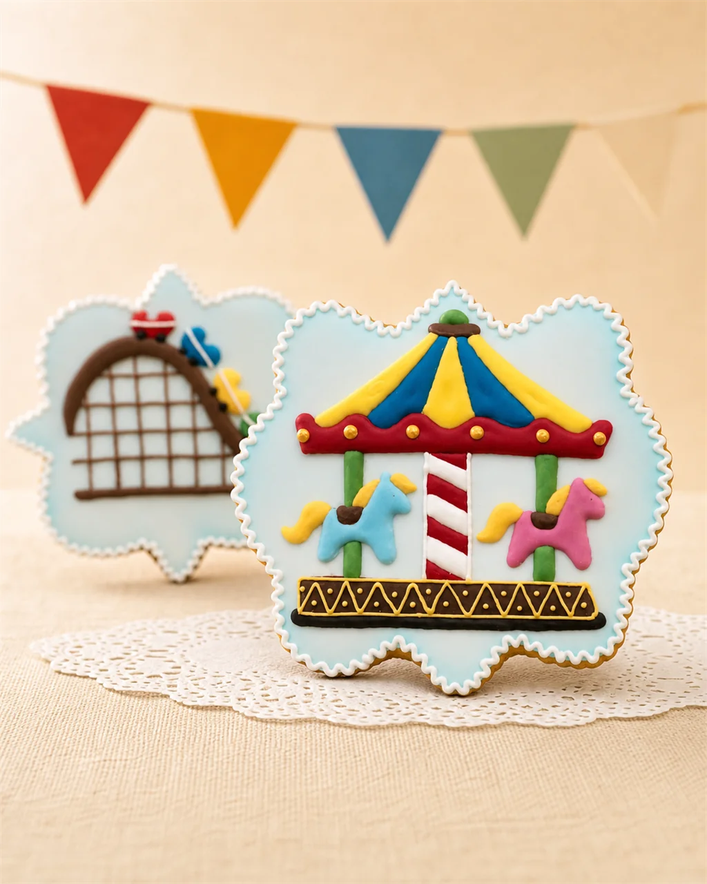 Bolacha decorada de carrossel em primeiro plano com bolacha de montanha-russa ao fundo