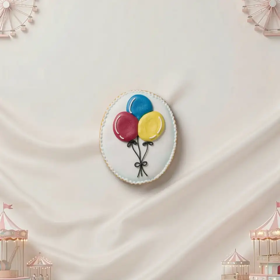 Bolacha Balões de Festa decorada à mão com glacê real, tema parque de diversão - Imagem 1