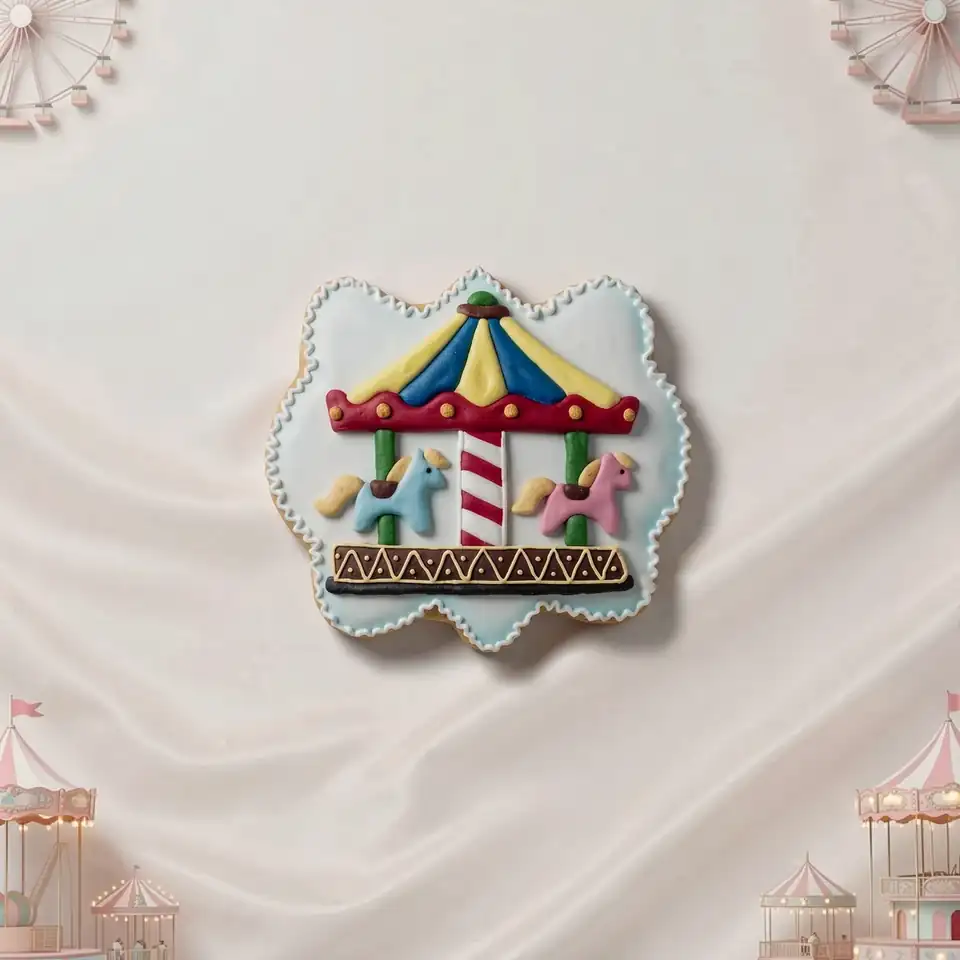 Bolacha Carrossel decorada à mão com glacê real, tema parque de diversão - Imagem 1