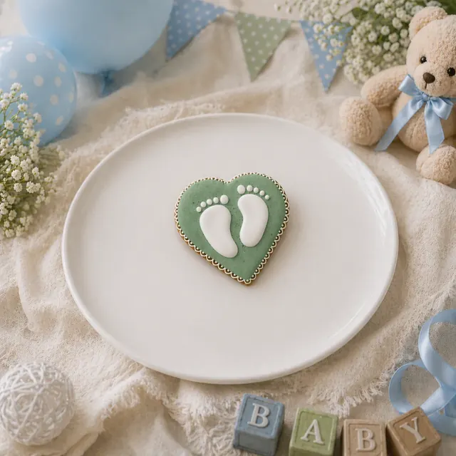 Bolacha de especiarias em formato de coração com pezinhos, decorada à mão com glacê real em verde sálvia e branco