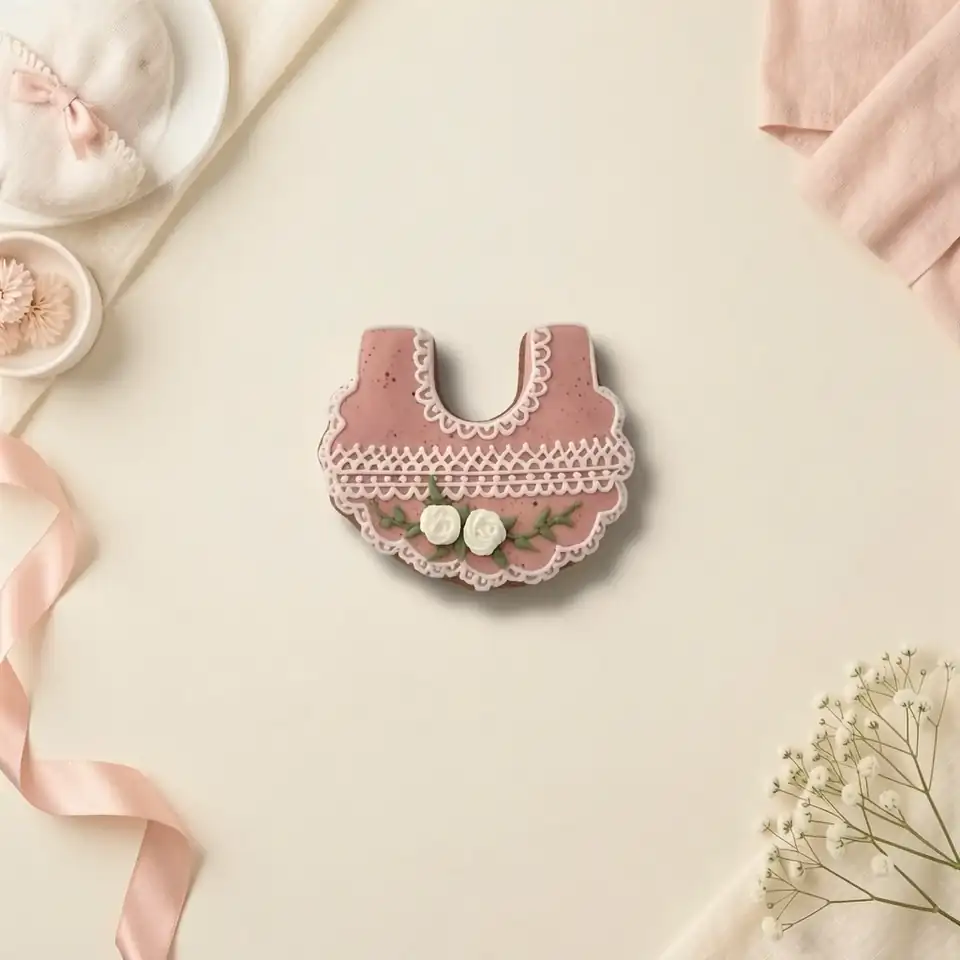 Bolacha de especiarias em formato de babador, decorada à mão com glacê real em rosê e branco