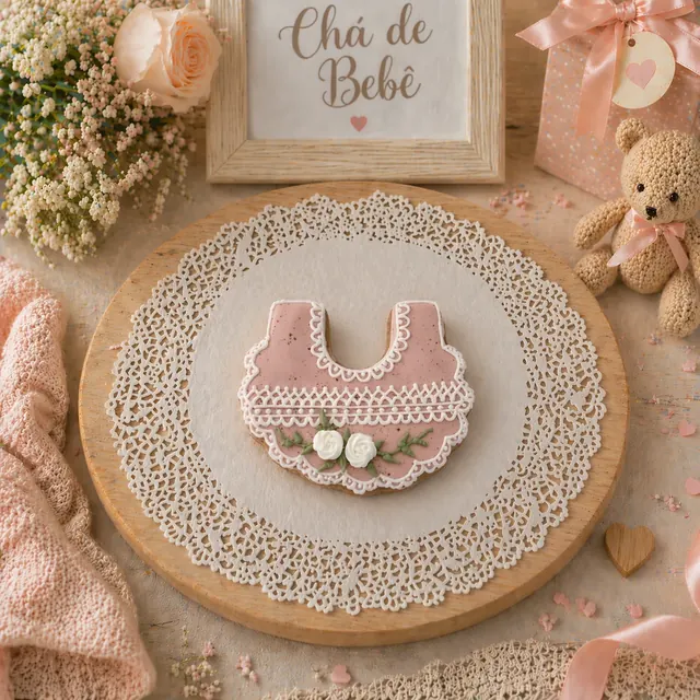 Bolacha de especiarias em formato de babador, decorada à mão com glacê real em rosê e branco