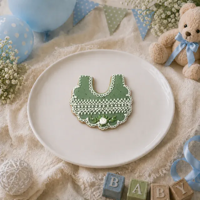 Bolacha de especiarias em formato de babador, decorada à mão com glacê real em verde sálvia e branco