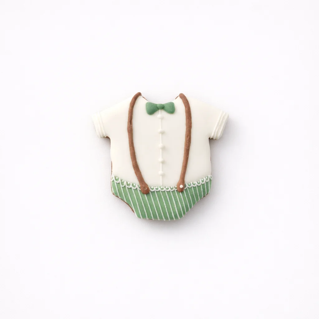 Bolacha de especiarias em formato de macacão, decorada à mão com glacê real em verde slávia e branco