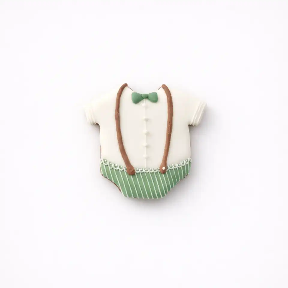 Bolacha de especiarias em formato de macacão, decorada à mão com glacê real em verde slávia e branco