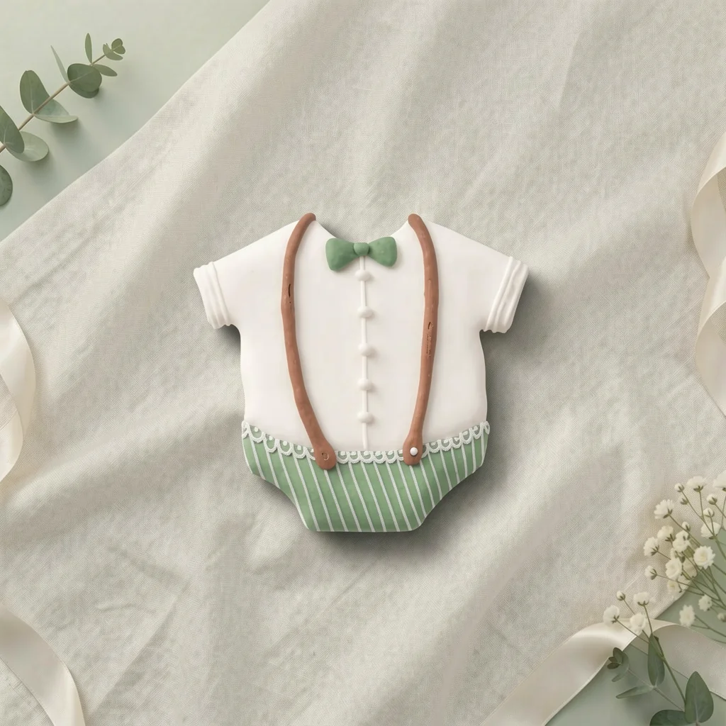 Bolacha de especiarias em formato de macacão, decorada à mão com glacê real em verde slávia e branco, com detalhes delicados e refinados