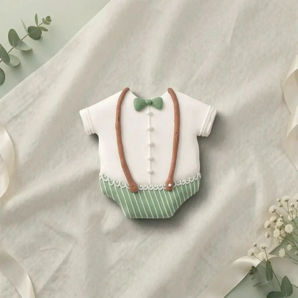 Bolacha de especiarias em formato de macacão, decorada à mão com glacê real em verde slávia e branco, com detalhes delicados e refinados