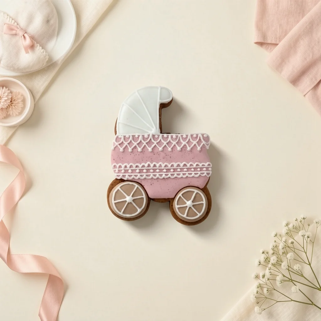 Bolacha de especiarias em formato de carrinho de bebê, decorada à mão com glacê real em rosê e branco