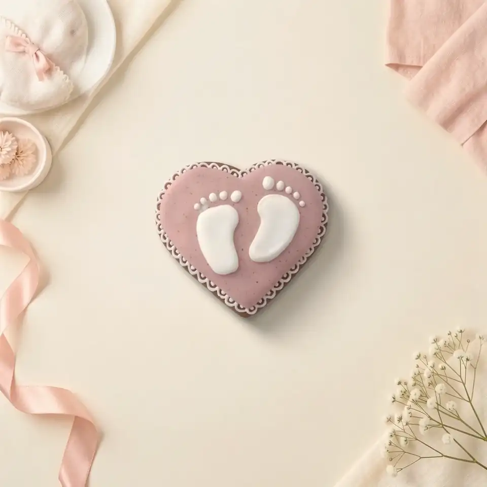 Bolacha de especiarias em formato de coração com pezinhos, decorada à mão com glacê real em rosê e branco