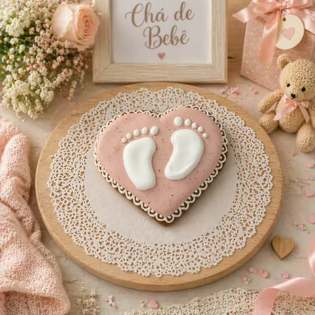 Bolacha de especiarias em formato de coração com pezinhos, decorada à mão com glacê real em rosê e branco
