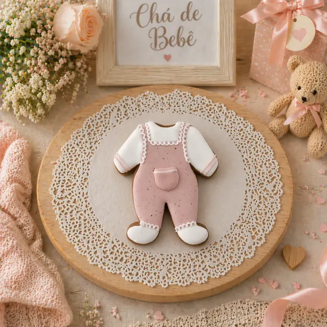 Bolacha Macacão Rosê 25g avulsa, decorada à mão em glacê real rosê e branco