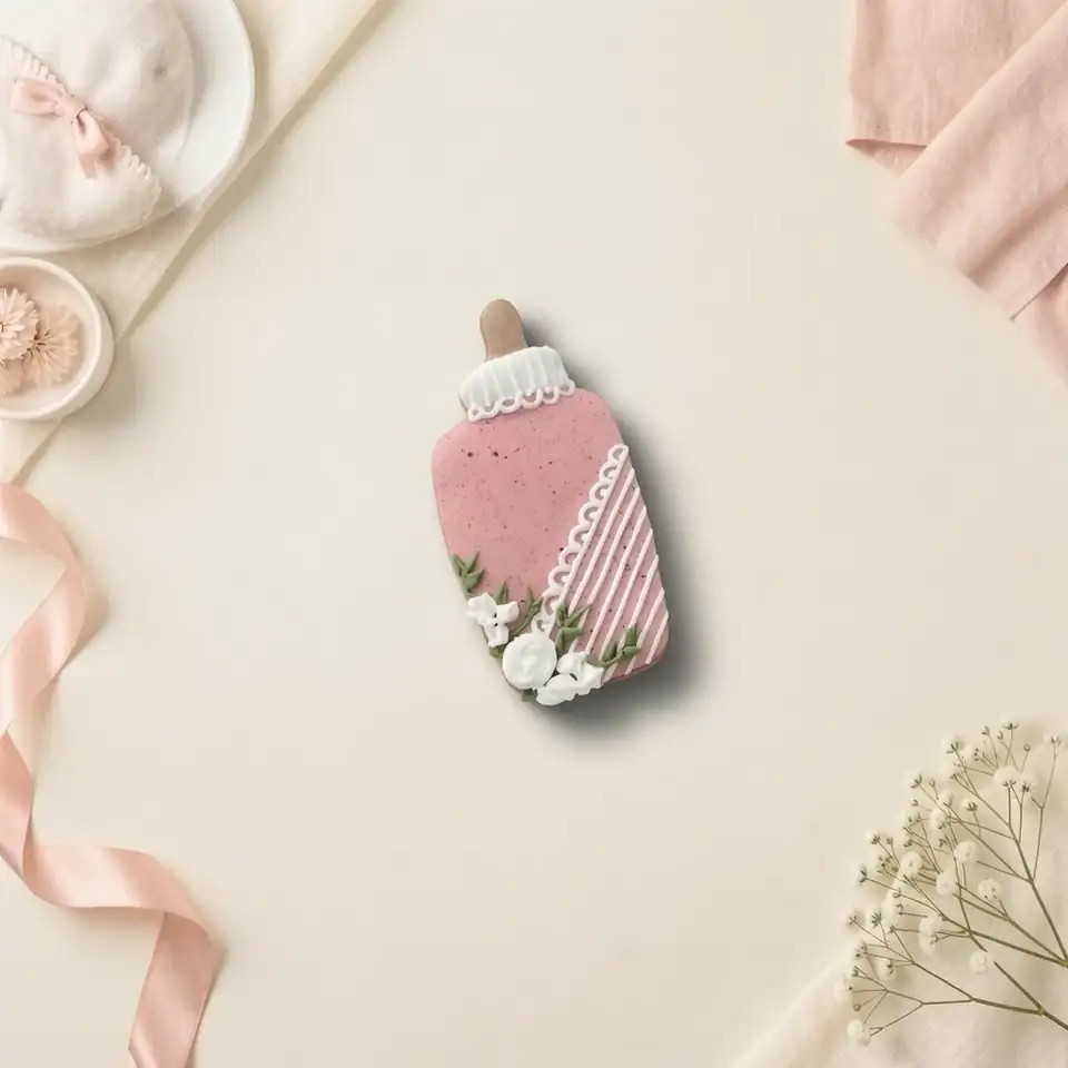 Bolacha de especiarias em formato de mamadeira, decorada à mão com glacê real em rosê e branco