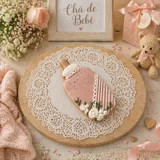 Bolacha de especiarias em formato de mamadeira, decorada à mão com glacê real em rosê e branco