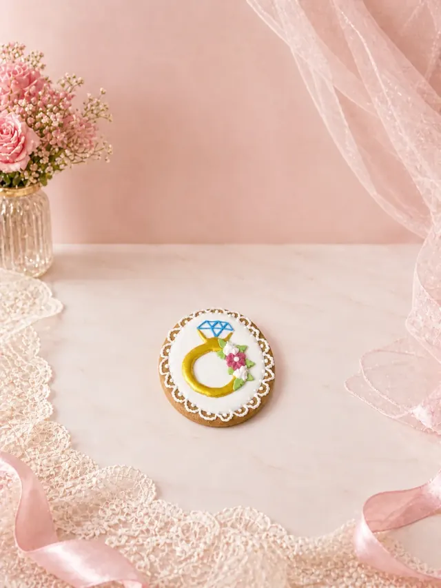Bolacha decorada artesanalmente em formato circular com aliança dourada cravejada por diamante azul e buquê floral, sobre base branca em glacê real — Artimori