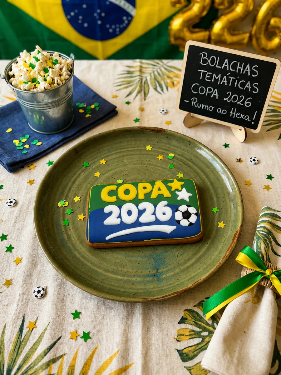 Bolacha decorada artesanalmente em formato retangular de selo Copa 2026, com COPA em amarelo sobre verde, 2026 em branco sobre azul, bola de futebol e estrelas — Artimori
