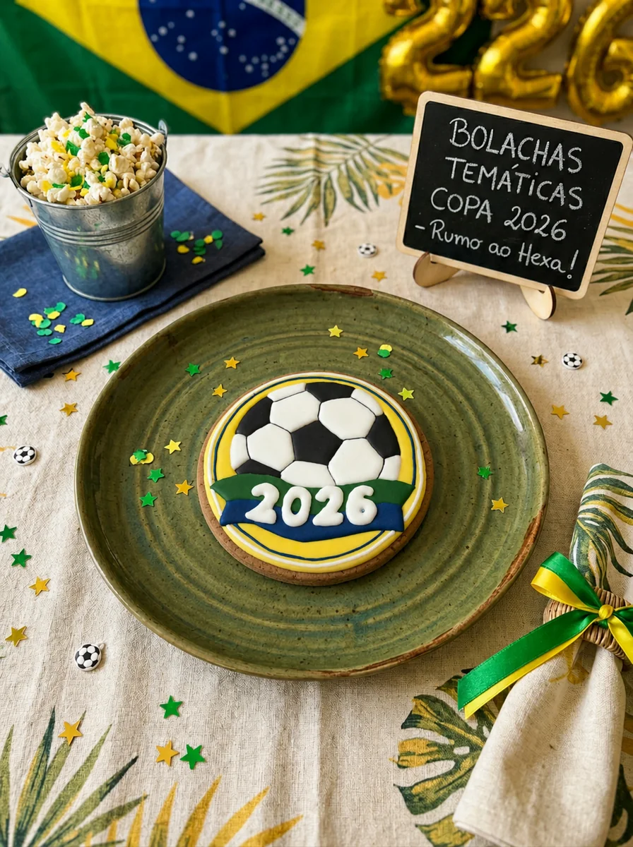 Bolacha decorada artesanal em formato circular para Copa 2026, com bola de futebol preto e branca, fundo amarelo, borda azul festonada e faixa 2026 — Artimori