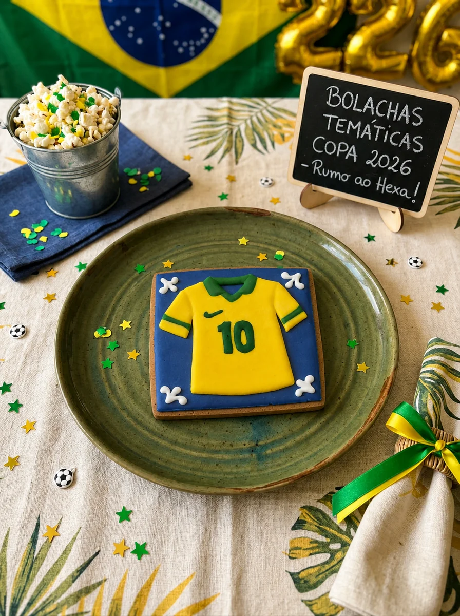 Bolacha decorada artesanalmente com a camisa 10 da seleção brasileira para Copa 2026, em amarelo e verde sobre fundo azul, com detalhes brancos nos cantos — Artimori