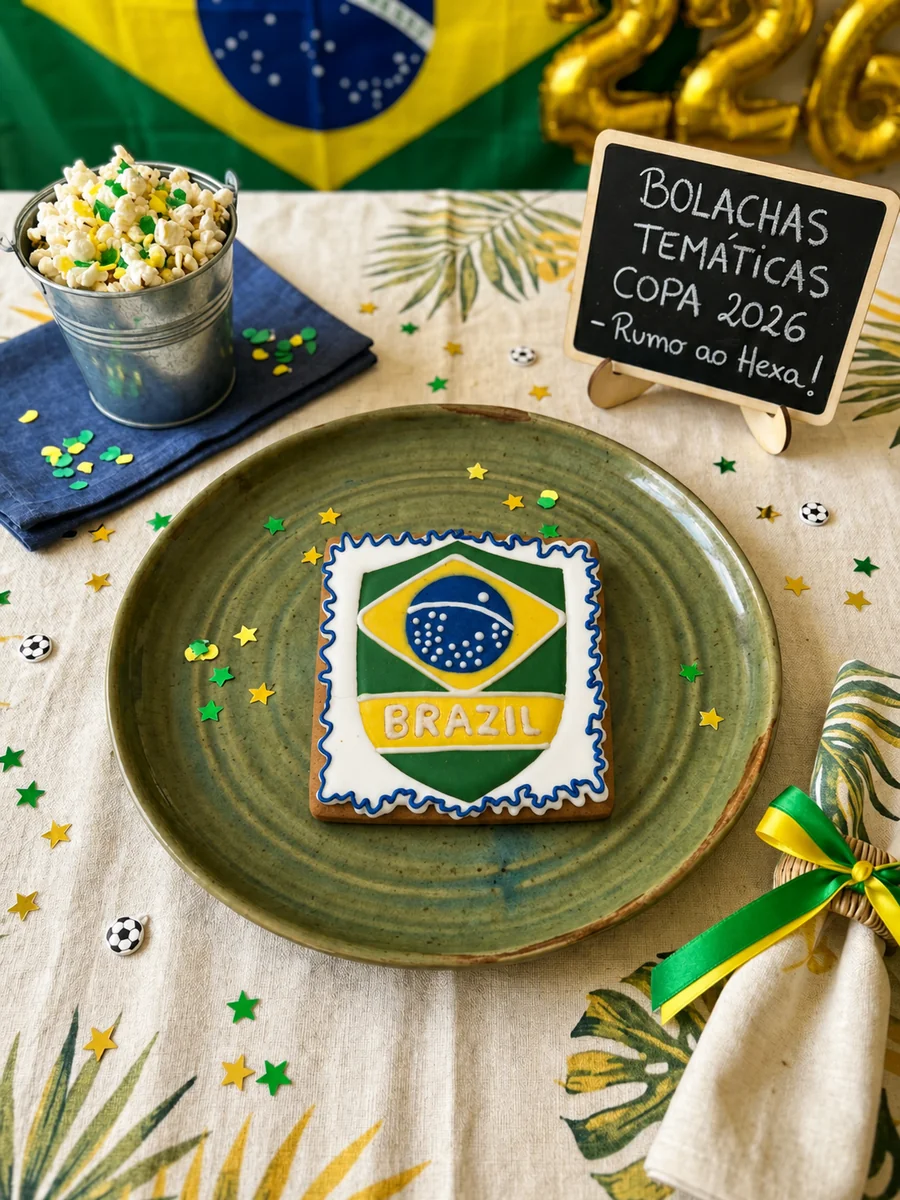 Bolacha decorada artesanal em formato de escudo da seleção para Copa 2026, com bandeira do Brasil, Cruzeiro do Sul, faixa BRAZIL e moldura festonada — Artimori