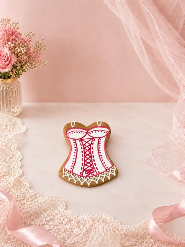 Bolacha decorada artesanalmente em formato de corset branco com cordão pink trançado na frente e barra inferior em renda — Artimori