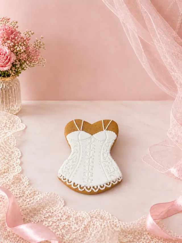 Bolacha decorada artesanalmente em formato de corset todo branco com renda fina, arabescos laterais, amarração central e barra inferior em escamas — Artimori