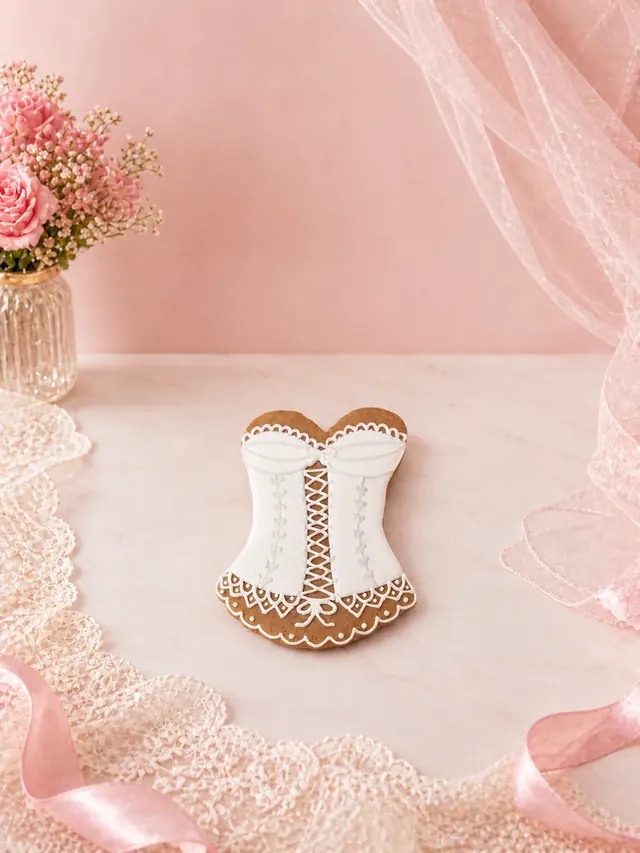 Bolacha decorada artesanalmente em formato de corset marfim/nude com amarração branca trançada, lacinho e barra inferior em renda escamada — Artimori
