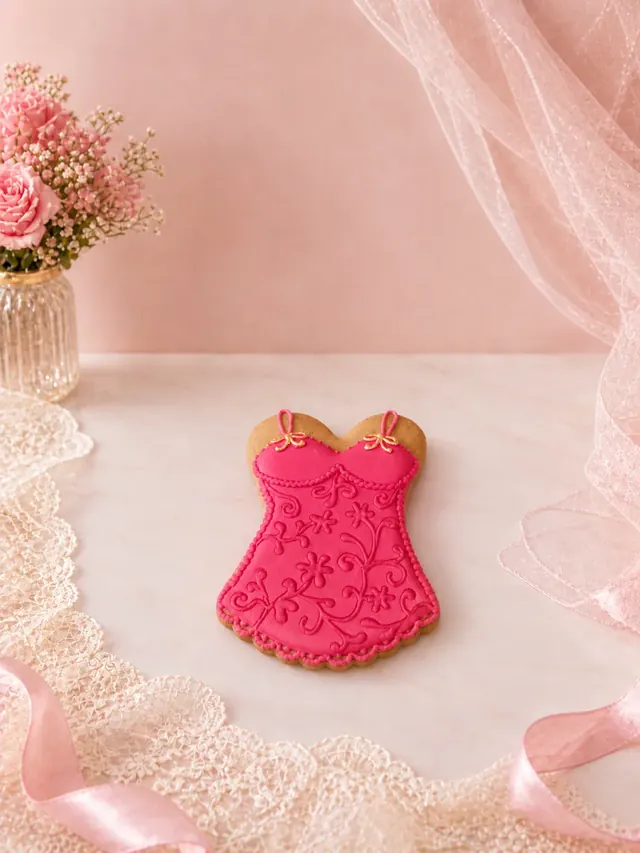 Bolacha decorada artesanalmente em formato de corset pink vibrante com arabescos florais em alto-relevo, lacinhos dourados nas alças e barra inferior recortada — Artimori