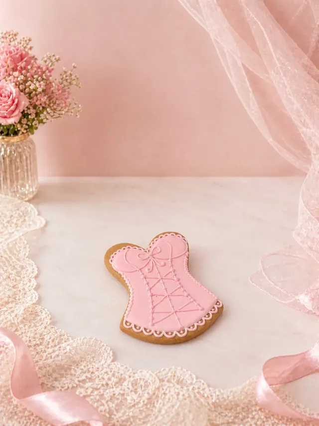 Bolacha decorada artesanalmente em formato de corset rosa claro com lacinho no busto, amarração trançada e barra inferior em renda escamada — Artimori