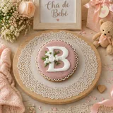 Bolacha de especiarias redonda, decorada à mão com glacê real, com a letra  em destaque e detalhe floral delicado