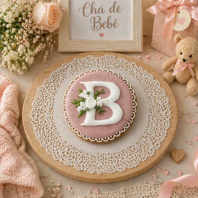 Bolacha de especiarias redonda, decorada à mão com glacê real, com a letra  em destaque e detalhe floral delicado