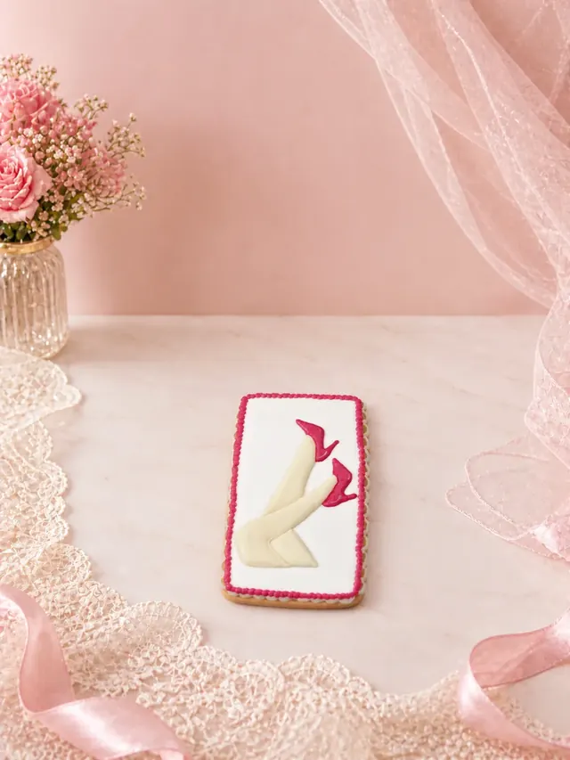 Bolacha decorada artesanalmente em placa retangular com pernas femininas erguidas, saltos altos cor-de-rosa e moldura pontilhada pink — versão Salto Pink Artimori