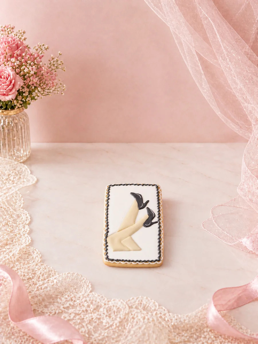 Bolacha decorada artesanalmente em placa retangular com pernas femininas erguidas, saltos altos pretos e moldura preta ondulada — versão Salto Preto Artimori