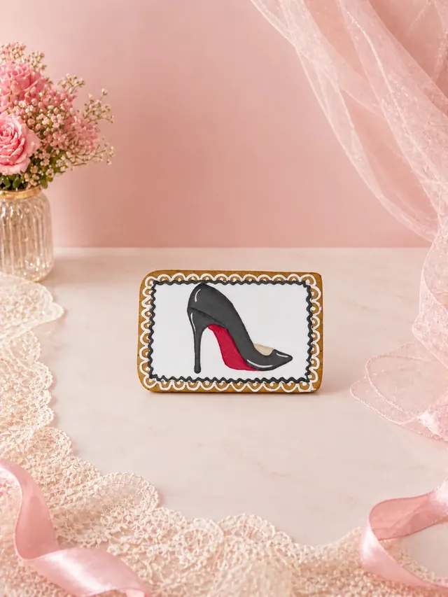 Bolacha decorada artesanalmente em placa retangular com ilustração de scarpin/salto alto preto exibindo sola vermelha estilo Louboutin sobre fundo branco e moldura preta — Artimori