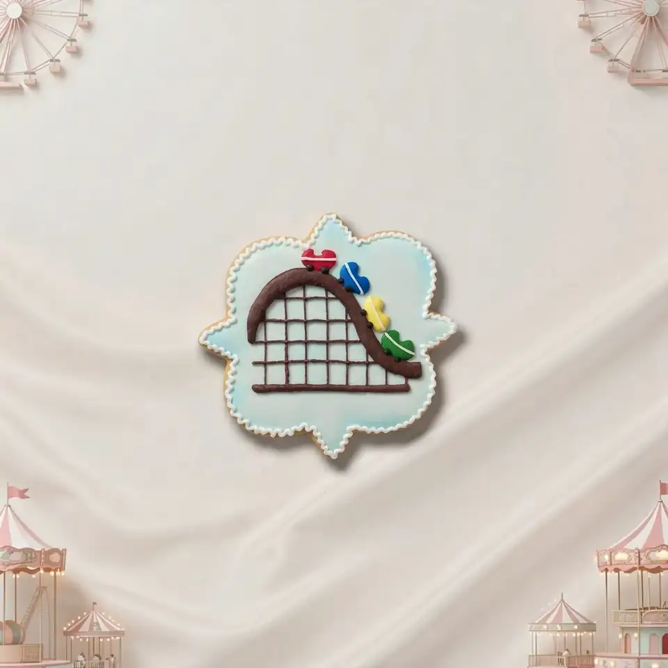 Bolacha Montanha Russa decorada à mão com glacê real, tema parque de diversão - Imagem 1