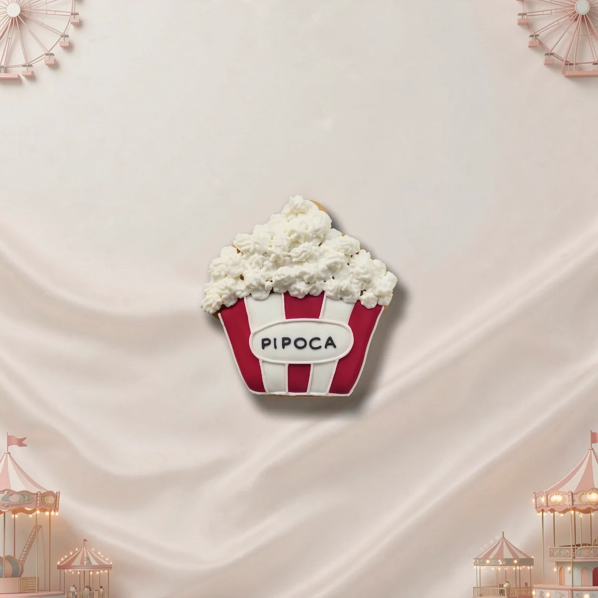 Bolacha Pacote de Pipoca decorada à mão com glacê real, tema parque de diversão - Imagem 1