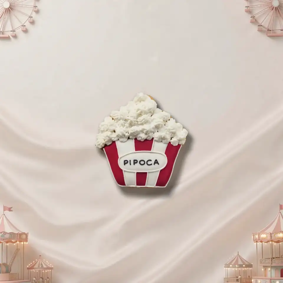 Bolacha Pacote de Pipoca decorada à mão com glacê real, tema parque de diversão - Imagem 1