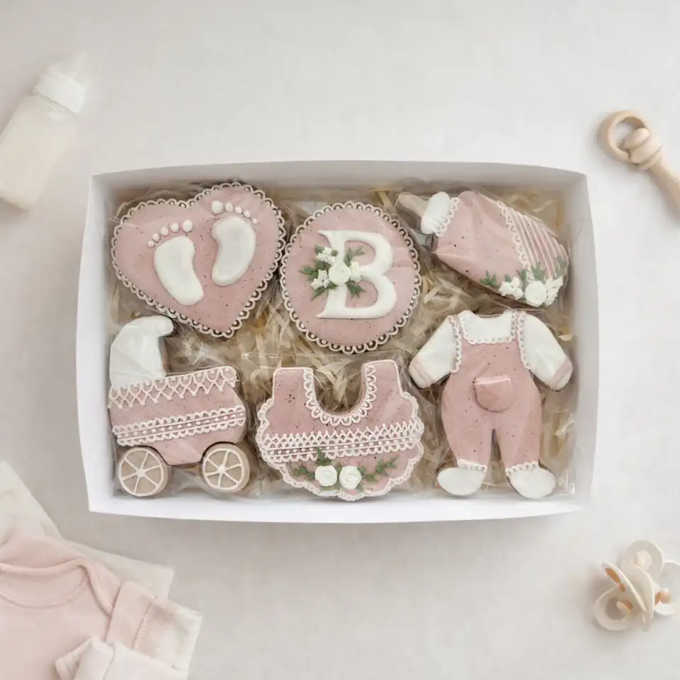 Caixa Chá de Bebê Rosa com Bolachas de Especiarias Decoradas — Kit 6 Unidades - Imagem 2