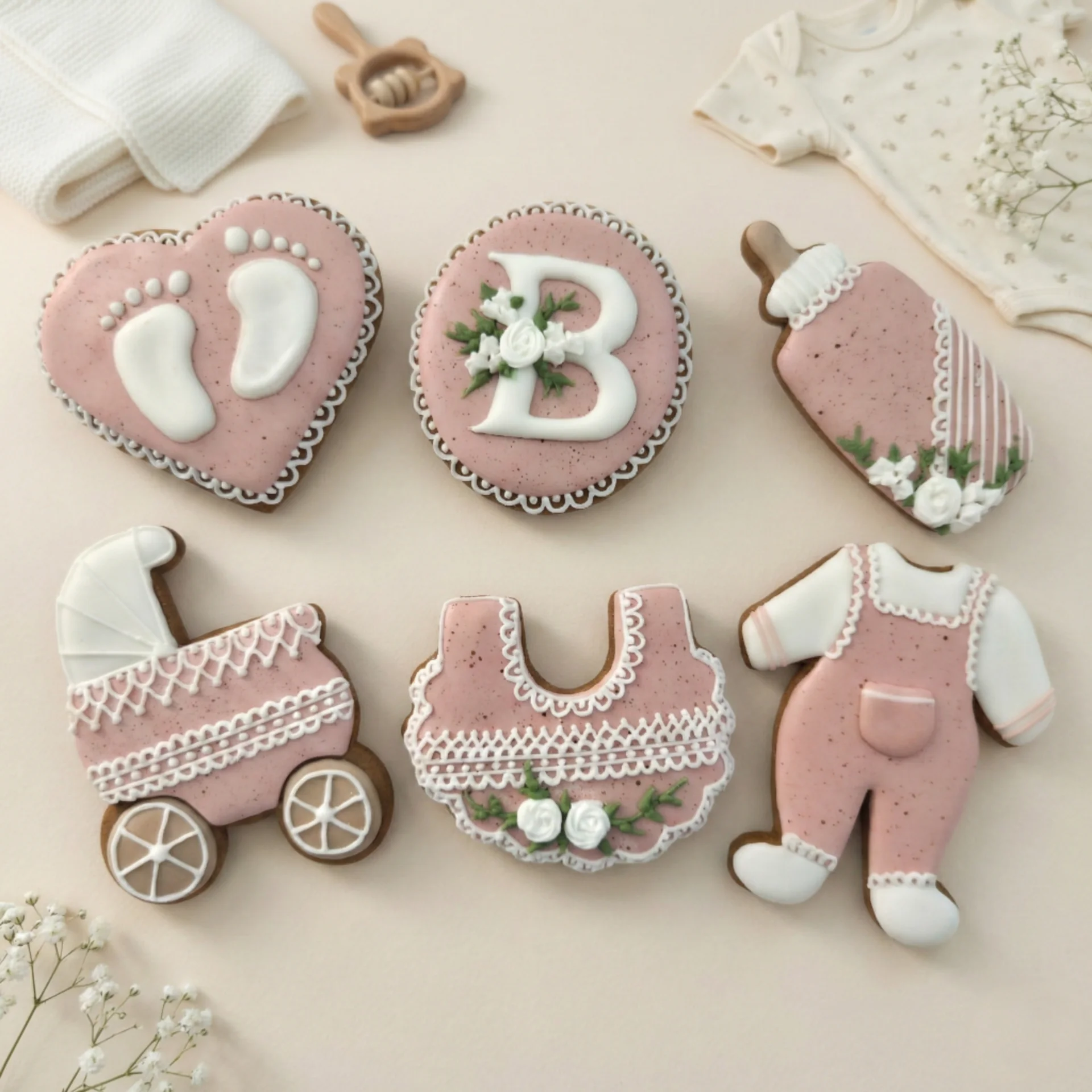 Caixa Chá de Bebê Rosa com Bolachas de Especiarias Decoradas — Kit 6 Unidades - Imagem 1