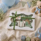 Caixa Chá de Bebê Verde Sálvia com 6 bolachas de especiarias decoradas à mão em glacê real verde sálvia e branco