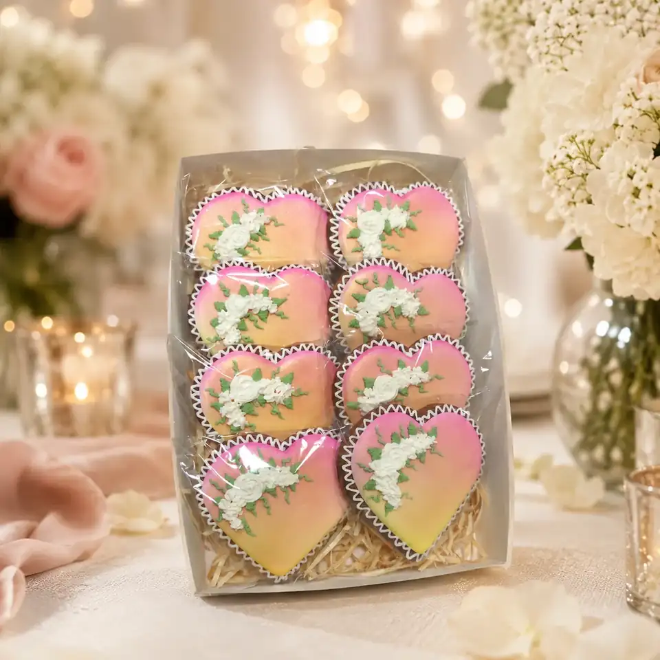 Caixa com 8 Bolachas de Coração Decoradas à Mão