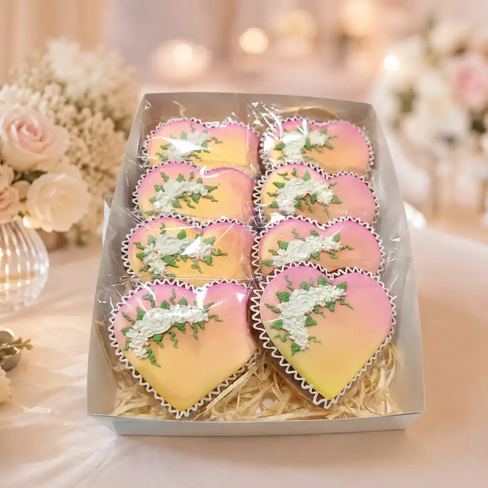 Caixa com 8 Bolachas de Coração Decoradas à Mão