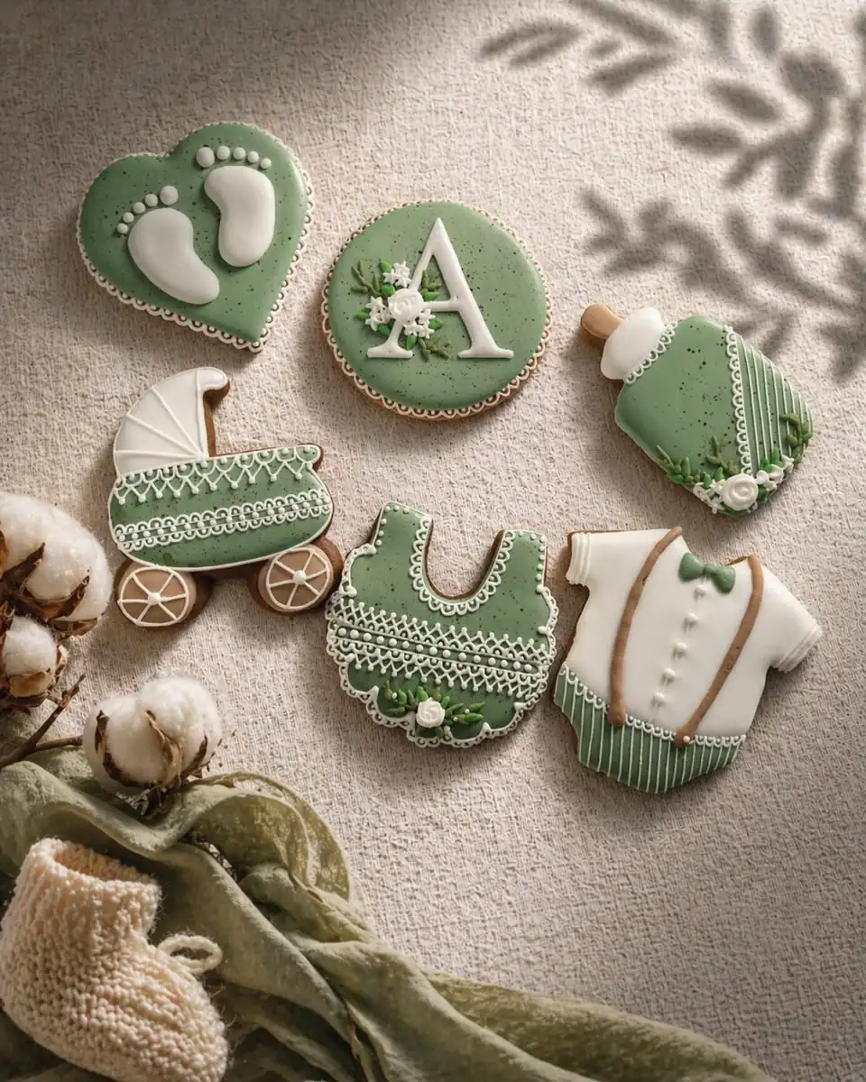 Caixa com 6 bolachas de especiarias decoradas à mão em glacê real verde sálvia e branco, com temas de chá de bebê