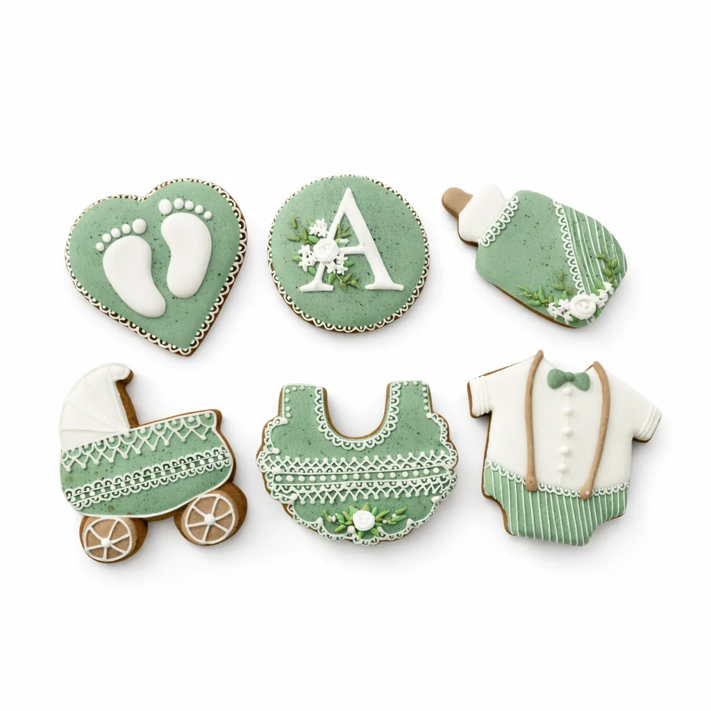 Caixa com 6 bolachas de especiarias decoradas à mão em glacê real verde sálvia e branco,
