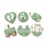 Caixa com 6 bolachas de especiarias decoradas à mão em glacê real verde sálvia e branco,