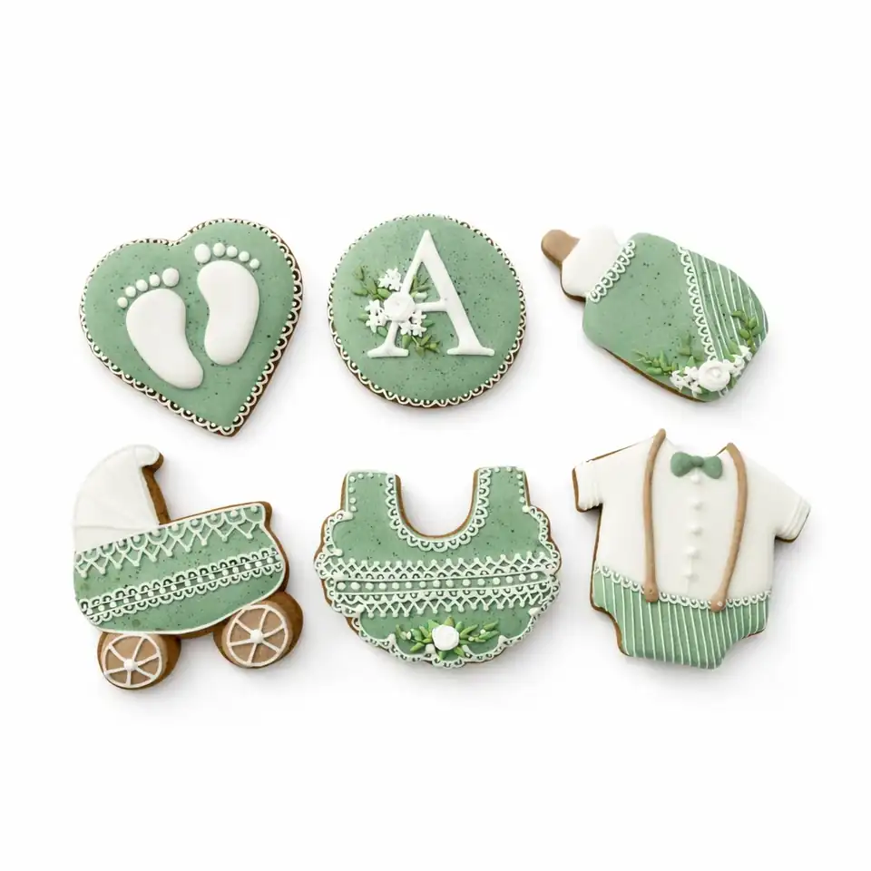 Caixa com 6 bolachas de especiarias decoradas à mão em glacê real verde sálvia e branco,