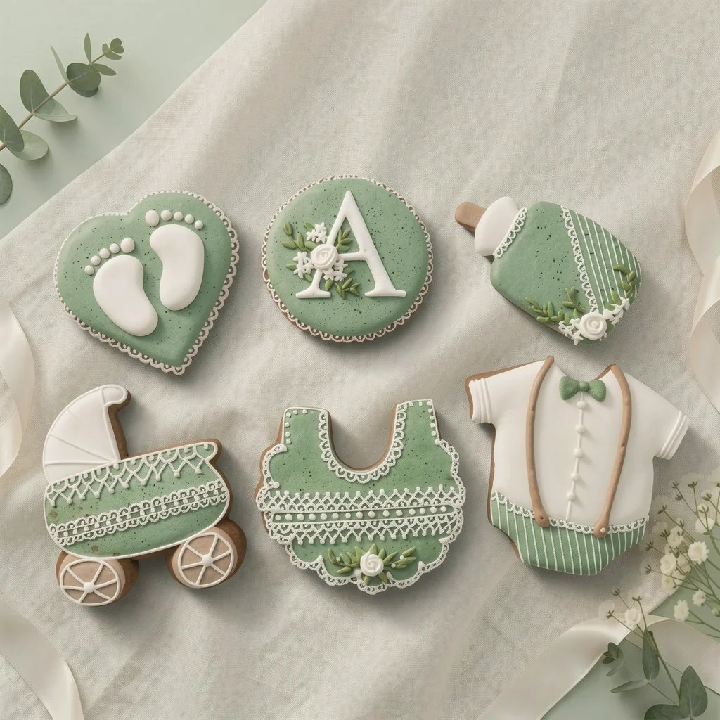 Caixa com 6 bolachas de especiarias decoradas à mão em glacê real verde sálvia e branco, com temas de chá de bebê