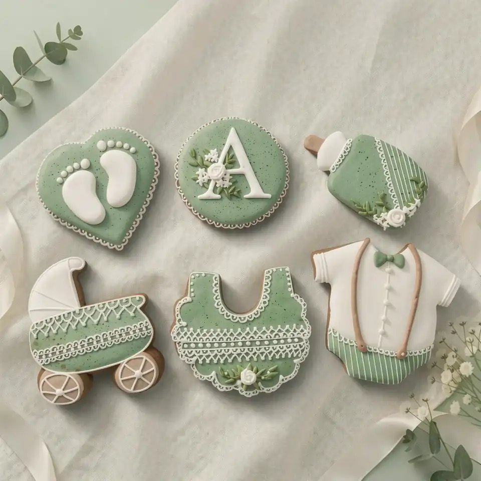 Caixa com 6 bolachas de especiarias decoradas à mão em glacê real verde sálvia e branco, com temas de chá de bebê