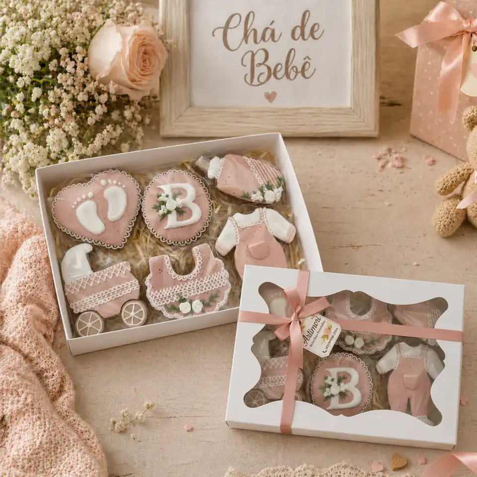 Kit com 6 bolachas de especiarias, decoradas uma a uma em glacê rosê.